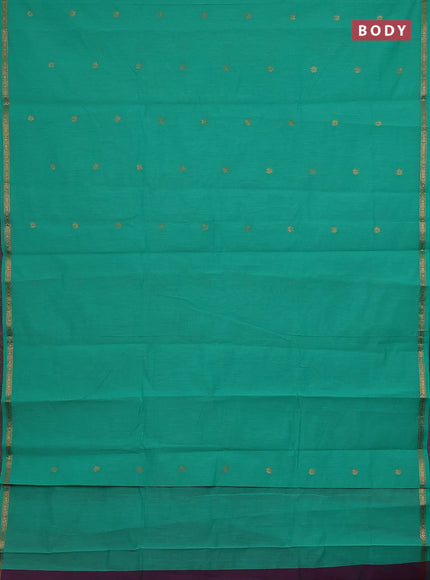 Semi maheswari cotton saree teal green and purple with zari woven buttas and small zari woven border