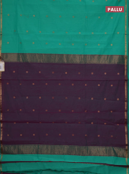 Semi maheswari cotton saree teal green and purple with zari woven buttas and small zari woven border