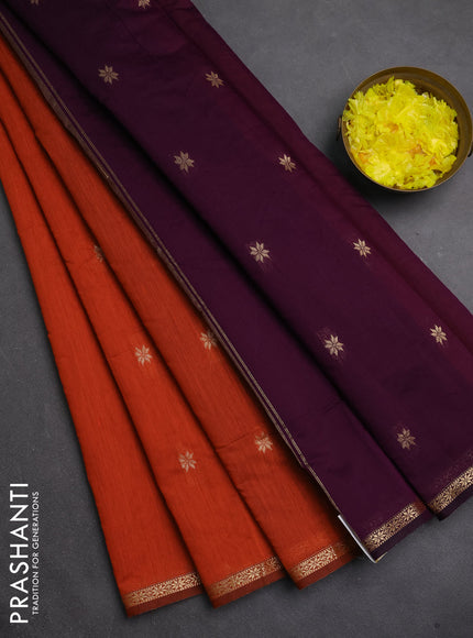 Semi maheswari cotton saree rust orange and deep purple with zari woven buttas and small zari woven border