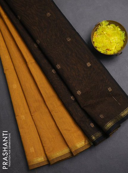 Semi maheswari cotton saree mustard yellow and black with zari woven buttas and small zari woven border