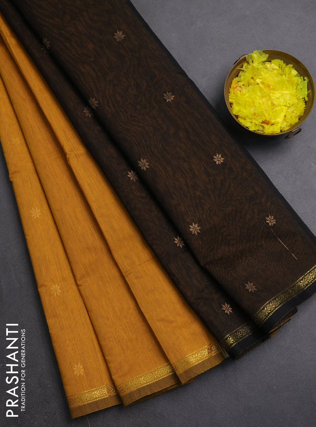 Semi maheswari cotton saree mustard yellow and black with zari woven buttas and small zari woven border