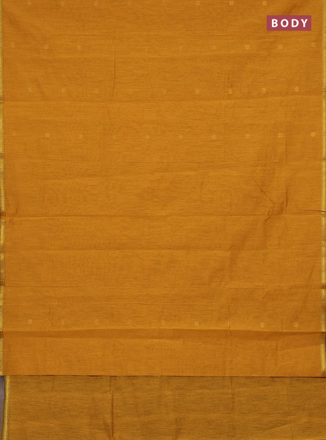 Semi maheswari cotton saree mustard yellow and black with zari woven buttas and small zari woven border