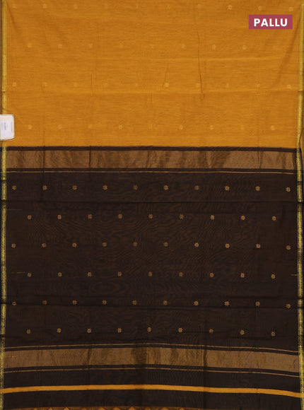 Semi maheswari cotton saree mustard yellow and black with zari woven buttas and small zari woven border