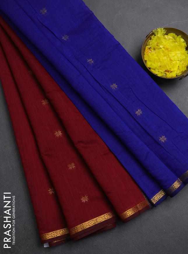 Semi maheswari cotton saree maroon and blue with zari woven buttas and small zari woven border