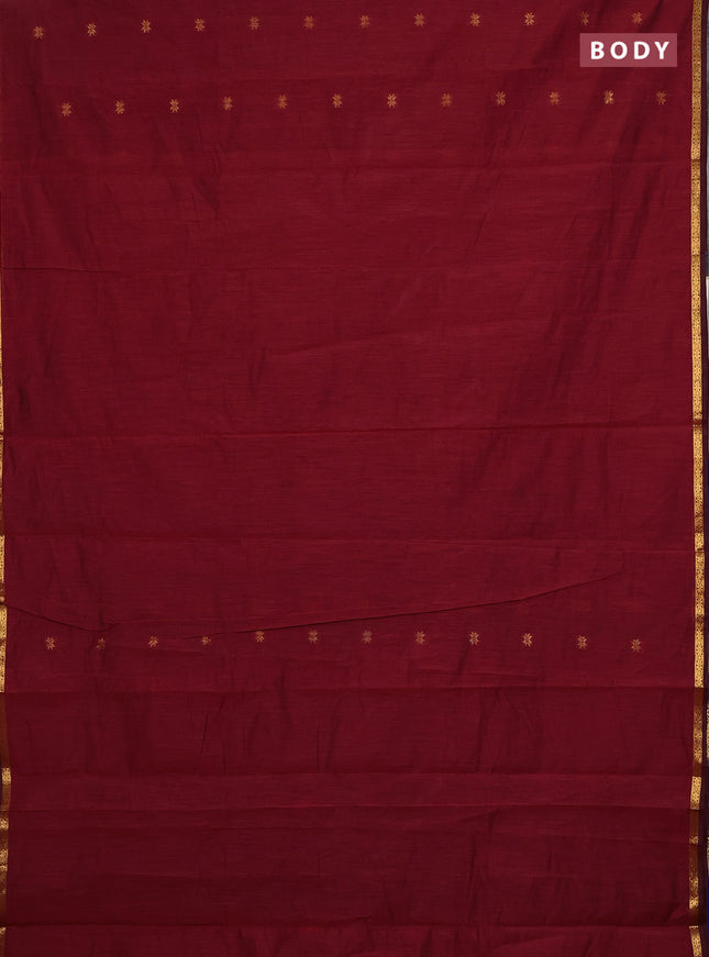 Semi maheswari cotton saree maroon and blue with zari woven buttas and small zari woven border