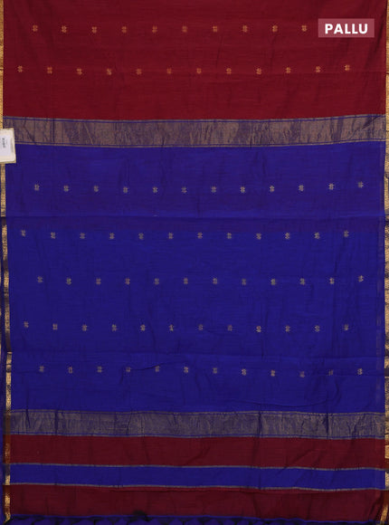 Semi maheswari cotton saree maroon and blue with zari woven buttas and small zari woven border