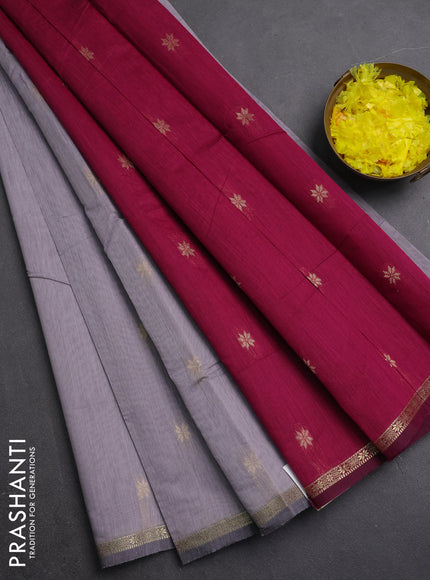 Semi maheswari cotton saree grey and magenta pink with zari woven buttas and small zari woven border