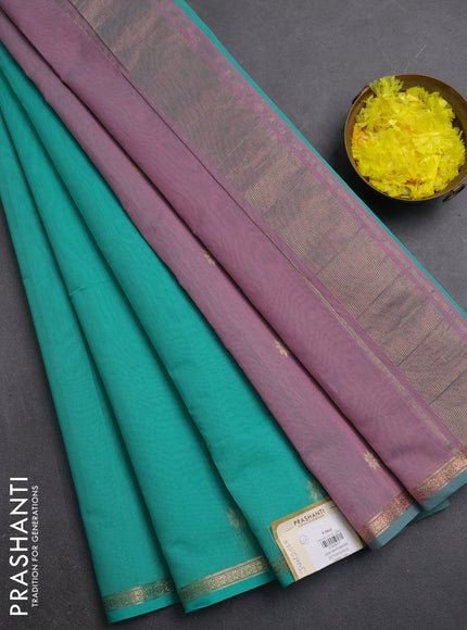 Semi maheswari cotton saree teal green and pink shade with zari woven buttas and small zari woven border