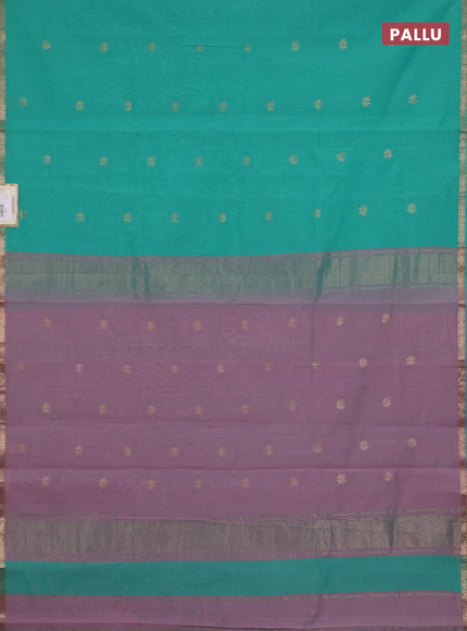Semi maheswari cotton saree teal green and pink shade with zari woven buttas and small zari woven border
