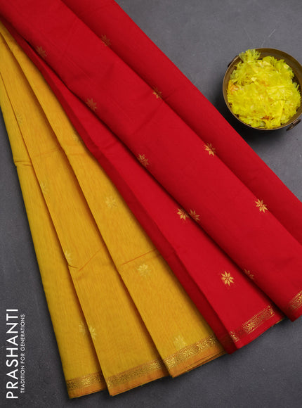 Semi maheswari cotton saree yellow and red with zari woven buttas and small zari woven border