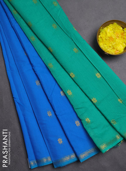 Semi maheswari cotton saree cs blue and teal green with zari woven buttas and small zari woven border