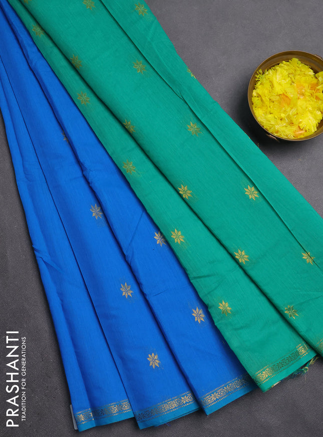 Semi maheswari cotton saree cs blue and teal green with zari woven buttas and small zari woven border