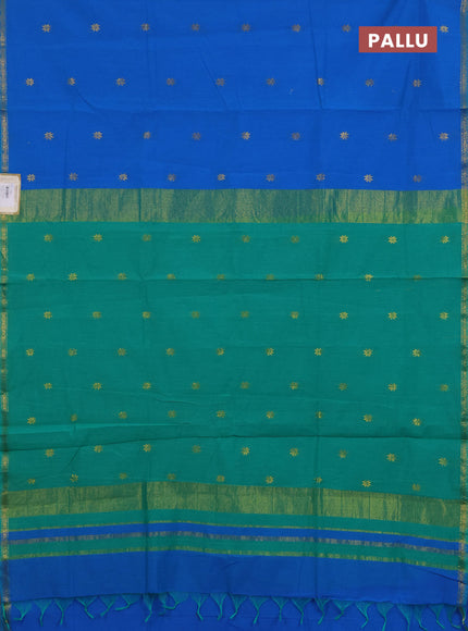 Semi maheswari cotton saree cs blue and teal green with zari woven buttas and small zari woven border