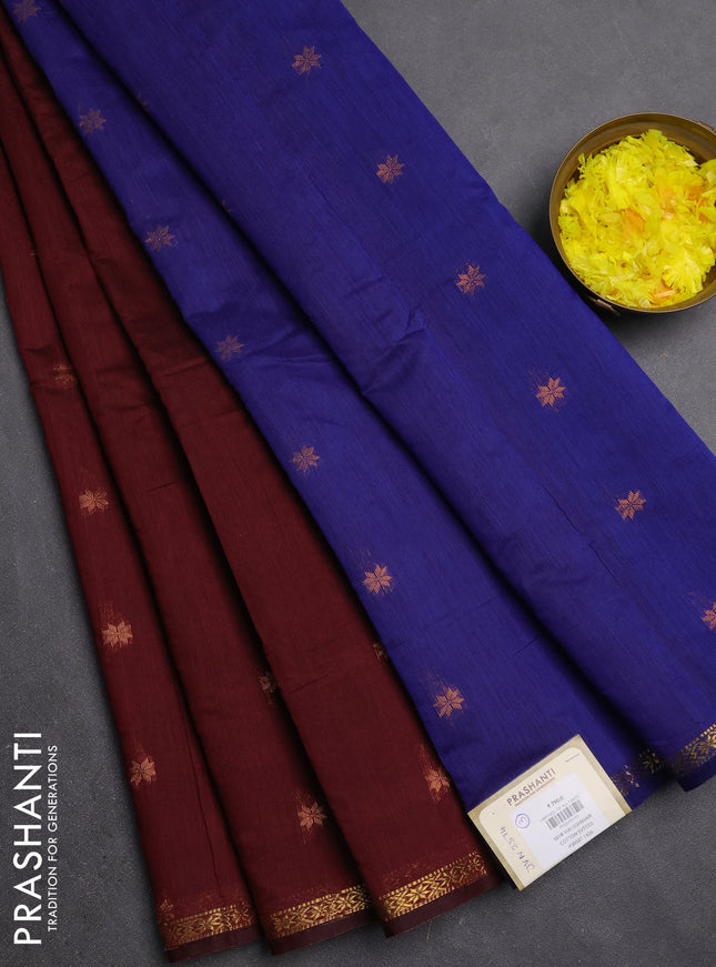 Semi maheswari cotton saree maroon and blue with zari woven buttas and small zari woven border