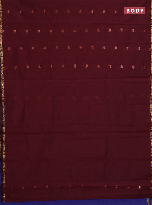 Semi maheswari cotton saree maroon and blue with zari woven buttas and small zari woven border