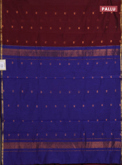 Semi maheswari cotton saree maroon and blue with zari woven buttas and small zari woven border