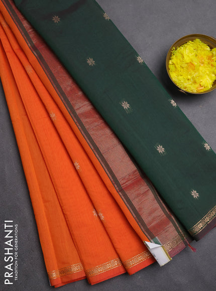 Semi maheswari cotton saree orange and green with zari woven buttas and small zari woven border