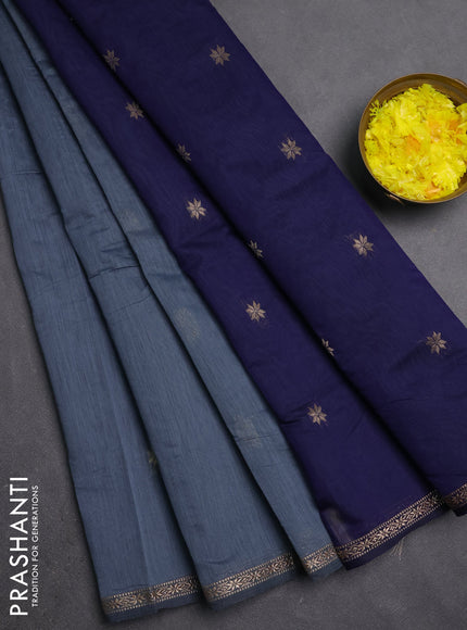 Semi maheswari cotton saree grey and navy blue with zari woven buttas and small zari woven border