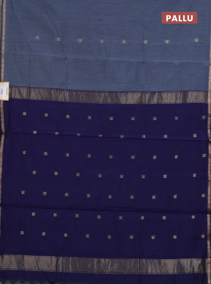 Semi maheswari cotton saree grey and navy blue with zari woven buttas and small zari woven border