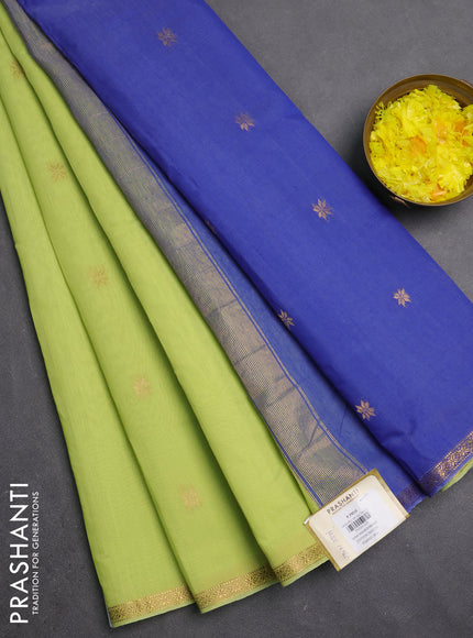 Semi maheswari cotton saree pista green and blue with zari woven buttas and small zari woven border