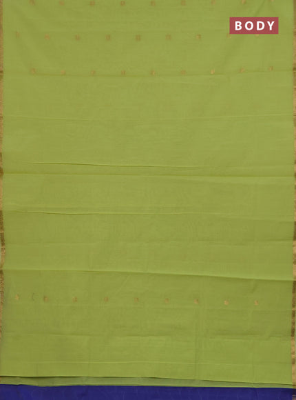Semi maheswari cotton saree pista green and blue with zari woven buttas and small zari woven border