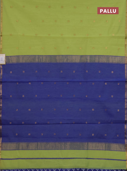 Semi maheswari cotton saree pista green and blue with zari woven buttas and small zari woven border