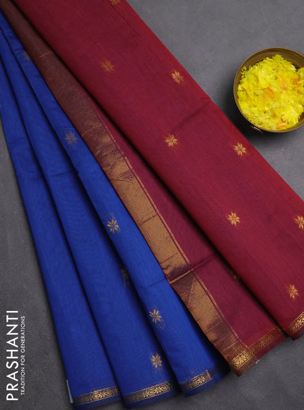 Semi maheswari cotton saree blue and maroon with zari woven buttas and small zari woven border