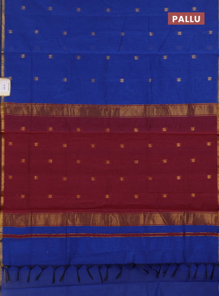 Semi maheswari cotton saree blue and maroon with zari woven buttas and small zari woven border