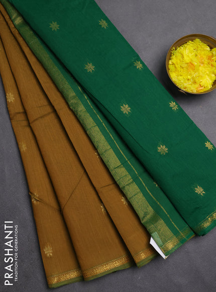 Semi maheswari cotton saree mustard yellow and green with zari woven buttas and small zari woven border