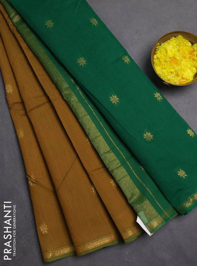 Semi maheswari cotton saree mustard yellow and green with zari woven buttas and small zari woven border