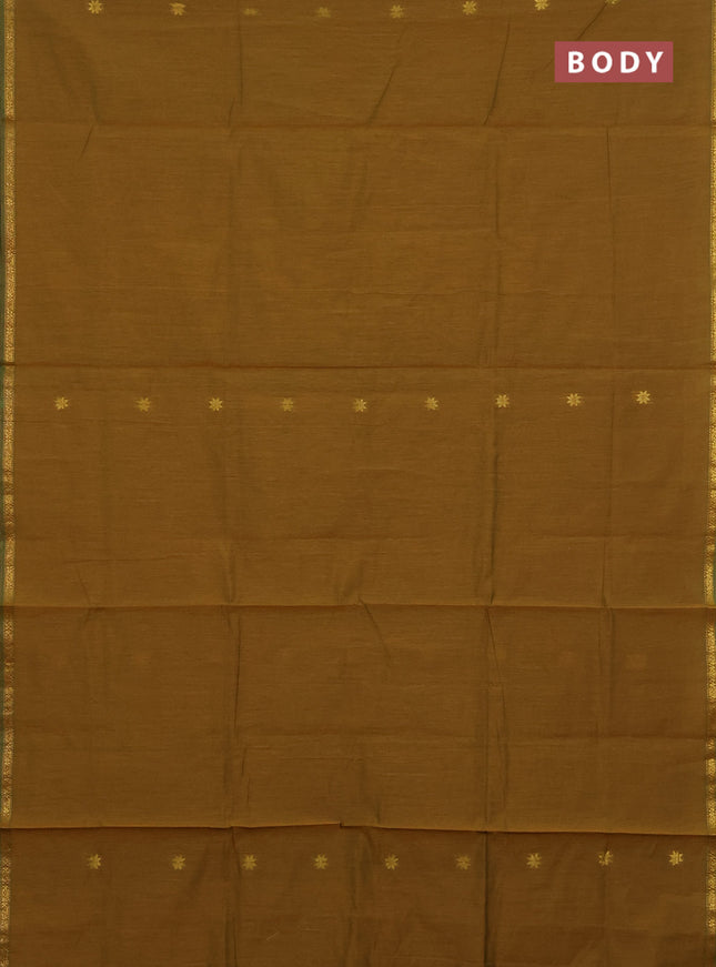 Semi maheswari cotton saree mustard yellow and green with zari woven buttas and small zari woven border