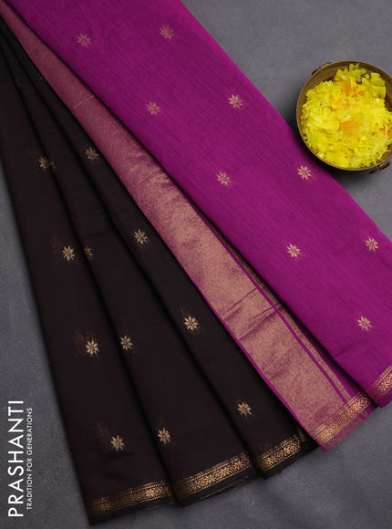 Semi maheswari cotton saree dark coffee brown and pink with zari woven buttas and small zari woven border