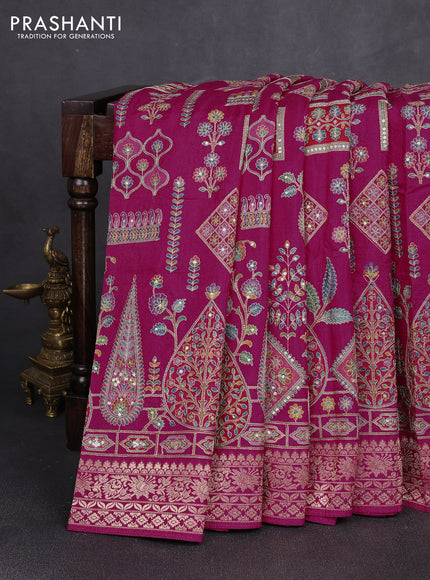 Crepe silk saree pink with allover prints & pita embroidery work and zari woven border