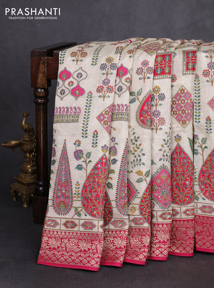 Crepe silk saree beige and pink with allover prints & pita embroidery work and zari woven border