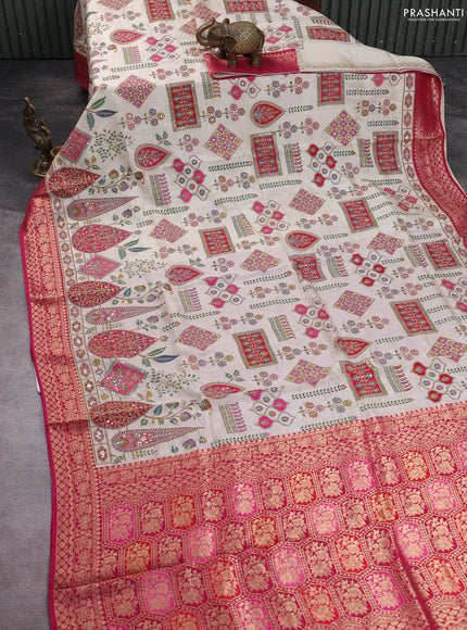 Crepe silk saree beige and pink with allover prints & pita embroidery work and zari woven border