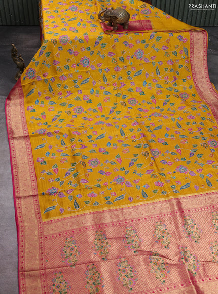 Crepe silk saree mustard yellow and pink with allover prints & pita embroidery work and zari woven border