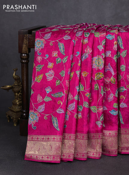 Crepe silk saree pink with allover prints & pita embroidery work and zari woven border