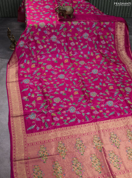 Crepe silk saree pink with allover prints & pita embroidery work and zari woven border