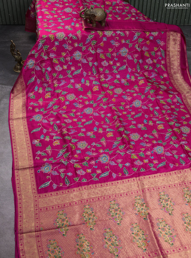 Crepe silk saree pink with allover prints & pita embroidery work and zari woven border
