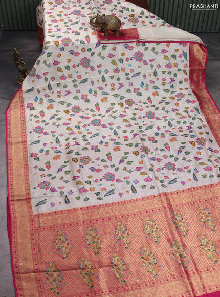 Crepe silk saree cream and pink with allover prints & pita embroidery work and zari woven border