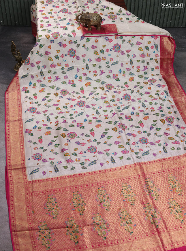 Crepe silk saree cream and pink with allover prints & pita embroidery work and zari woven border
