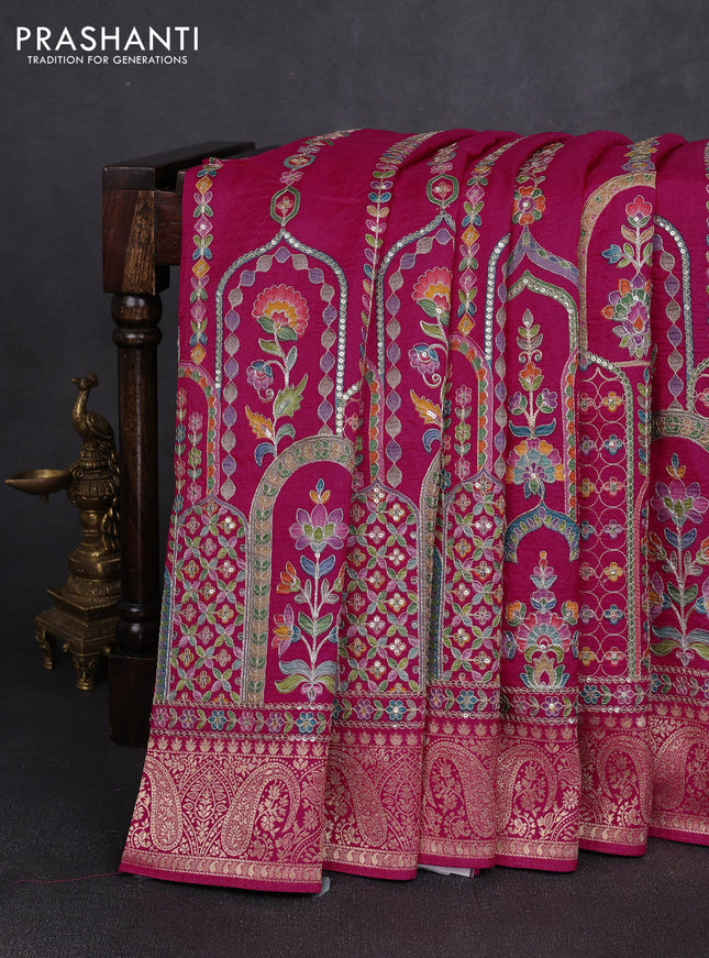 Crepe silk saree pink with allover prints & pita embroidery work and zari woven border