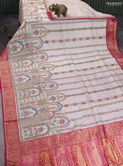Crepe silk saree cream and pink with allover prints & pita embroidery work and zari woven border