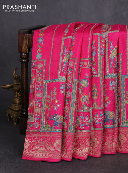 Crepe silk saree pink with allover prints & pita embroidery work and zari woven border