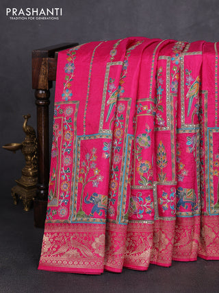 Crepe silk saree pink with allover prints & pita embroidery work and zari woven border