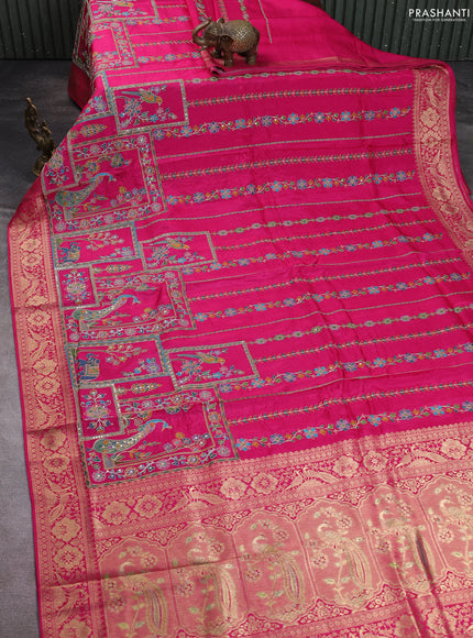 Crepe silk saree pink with allover prints & pita embroidery work and zari woven border