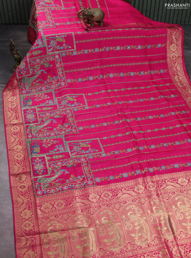 Crepe silk saree pink with allover prints & pita embroidery work and zari woven border