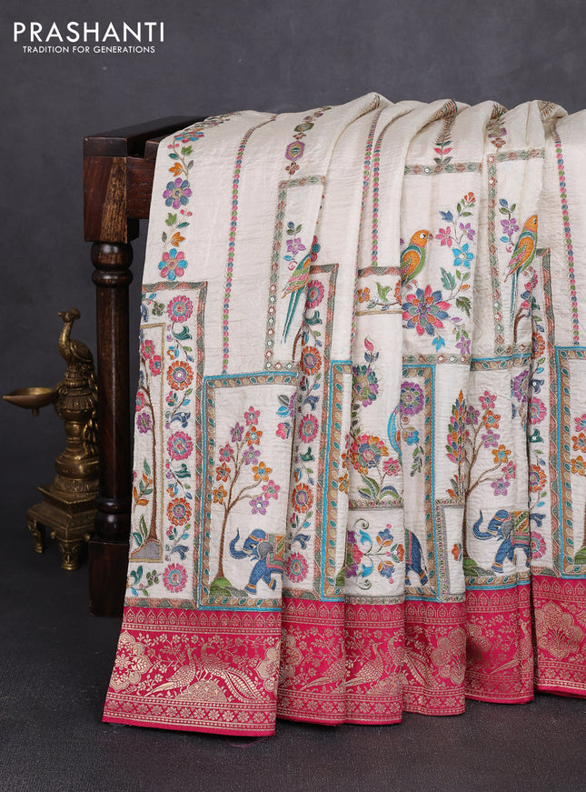 Crepe silk saree cream and pink with allover prints & pita embroidery work and zari woven border