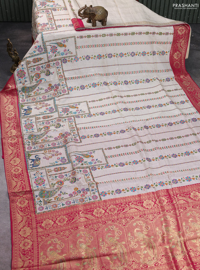 Crepe silk saree cream and pink with allover prints & pita embroidery work and zari woven border