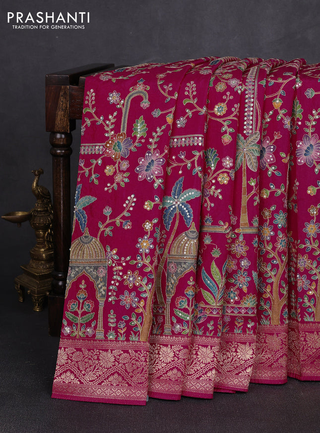 Crepe silk saree pink with allover prints & pita embroidery work and zari woven border